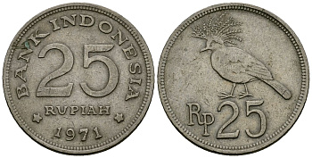 Индонезия 25 рупий 1971 венценосный голубь KM 34 медно-никель 4136-1045
