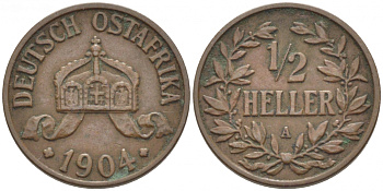 Немецкая Восточная Африка (Танзания) 1/2 геллера 1904 A, Ost-Africa Jaeger 715, KM 6 бронза 5010-632