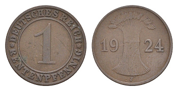 Германия 1 рентенпфенниг 1924 J KM 30, J. 306 бронза 4644-1026