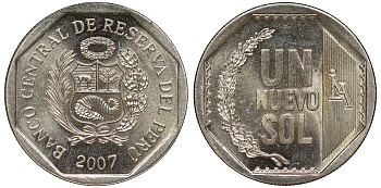 Перу 1 новый соль 2007 KM 308.4 медно-никель UNC 4605-243