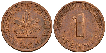 ФРГ 1 пфенниг 1988 J KM 105, J.380 сталь плакированная медью 4602-767