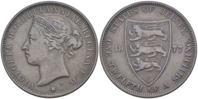 Джерси 1/12 шиллинга 1877 H, Виктория (1837-1901) KM 8 бронза 3996-423