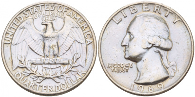США 25 центов (квотер) 1969 Вашингтон KM 164а медь плакированная медно-никелем 4546-1251