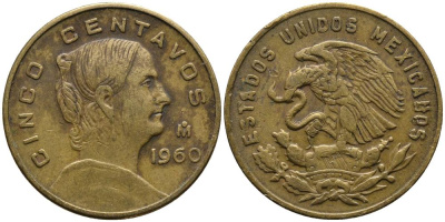 Мексика 5 сентаво 1960 Жозефа Ортис де Домингес KM 426 латунь 4549-333