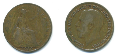 Великобритания 1 пенни 1920 Георг V (1910-1936) KM 810, Spink 4051 бронза 54-2444