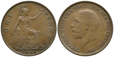 Великобритания 1 пенни 1936 Георг V (1910-1936) KM 838, Spink 4055 бронза 4364-4316