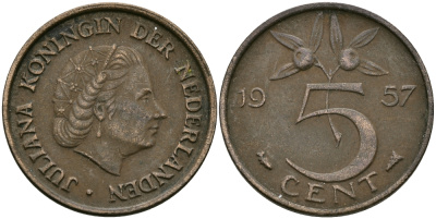 НИДЕРЛАНДЫ 5 ЦЕНТОВ 1957 ЮЛИАНА KM 181 бронза 95-331