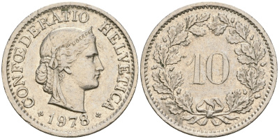 Швейцария 10 раппенов 1978 KM 27 медно-никель 4364-1346