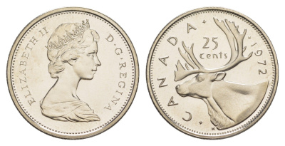 Канада 25 центов 1972 Елизавета II (1952-2022), олень KM 62b никель BU 4541-945