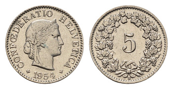 Швейцария 5 раппенов 1954 KM 26 медно-никель 4685-225