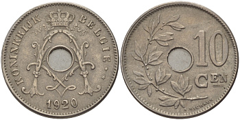 БЕЛЬГИЯ 10 САНТИМОВ 1920 BELGIE KM 86 медно-никель 28-237