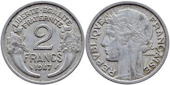 Франция 2 франка 1947 KM 886а.1 алюминий 4397-743