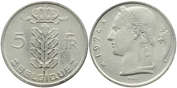 БЕЛЬГИЯ 5 ФРАНКОВ 1974 BELGIQUE KM 134.1 медно-никель 4385-946