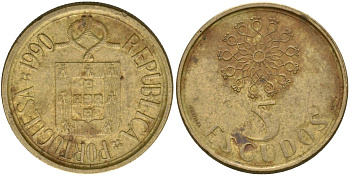 Португалия 5 эскудо 1990 KM 632 никель латунь 4573-917