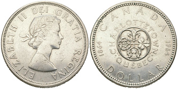 Канада 1 доллар 1964 100 лет конференциям в Шарлоттауне и Квебеке KM 58 серебро aUNC 1066-2-42