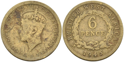 Британская Западная Африка 6 пенсов 1945 Георг VI (1936-1952) KM 22 никель-латунь 4588-712