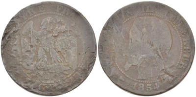 ФРАНЦИЯ 5 САНТИМОВ 1854 D, НАПОЛЕОН III (1852-1870) KM 771.4 бронза 175-313