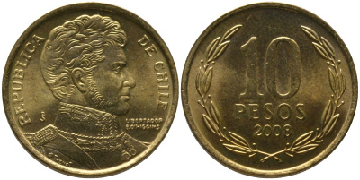 Чили 10 песо 2008 So KM 228.2, Schon 82 алюминиевая бронза UNC 4544-816