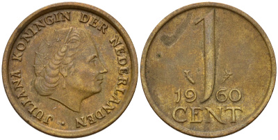 Нидерланды 1 цент 1960 Юлиана (1949-1980) KM 180 бронза    4598-217
