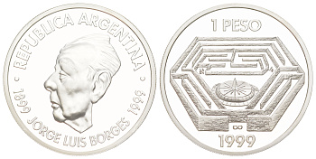 Аргентина 1 песо 1999 100 лет со дня рождения Хорхе Луиса Борхеса KM 127 серебро PROOF 00-903-07