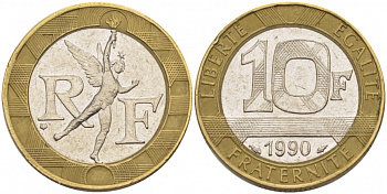 Франция 10 франков 1990 тип Гений Бастилии KM 964.1, Le Frank 375.5 биметалл 4402-1147