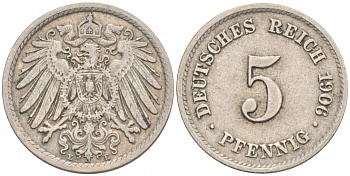 ГЕРМАНИЯ 5 ПФЕННИГОВ 1906 E, KM 11, J. 12 медно-никель 73-1769