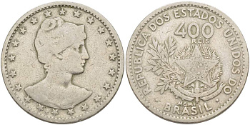БРАЗИЛИЯ 400 РЕЙС 1901 ГОЛОВА СВОБОДЫ ВПРАВО KM 505 медно-никель 4517-1226