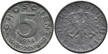 АВСТРИЯ 5 ГРОШЕЙ 1955 KM 2875 цинк 96-638
