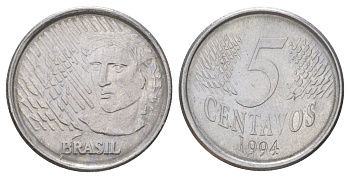 Бразилия 5 сентаво 1994 реформа 1994-, голова свободы влево KM 632 нержавеющая сталь aUNC 4627-962