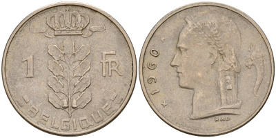Бельгия 1 франк 1960 Belgique KM 142.1 медно-никель    4161-1234