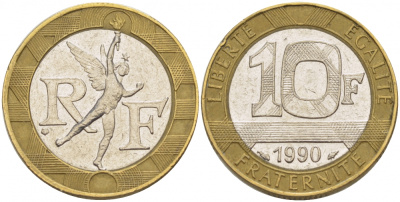 Франция 10 франков 1990 тип Гений Бастилии KM 964.1, Le Frank 375.5 биметалл 4402-1147