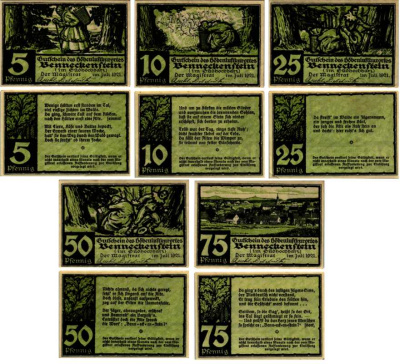 БЕННЕКЕНШТАЙН, ГЕРМАНИЯ НАБОР ИЗ 5 БАНКНОТ 1921 НОТГЕЛЬД, 1 ИЮЛЯ 1921 ARNOLD KELLER 73.1 бумага UNC (ПРЕСС) 7487-55-3