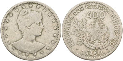 БРАЗИЛИЯ 400 РЕЙС 1901 ГОЛОВА СВОБОДЫ ВПРАВО KM 505 медно-никель 4517-1226