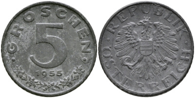 АВСТРИЯ 5 ГРОШЕЙ 1955 KM 2875 цинк 96-638