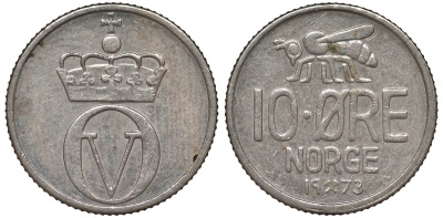 Норвегия 10 эре 1973 пчела, Улаф V (1958-1991) KM 411 медно-никель 62-1243