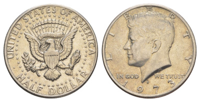 США 1/2 доллара (50 центов) 1973 Джон Кеннеди KM 202b медь плакированная медно-никелем aUNC 4526-311