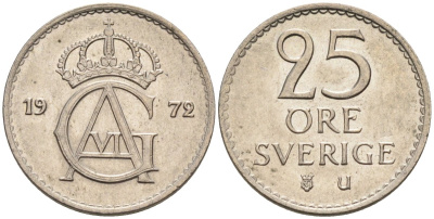Швеция 25 эре 1972 Густав VI Адольф (1950-1973) KM 836 медно-никель UNC 4585-459