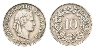 Швейцария 10 раппенов 1940 B KM 27 медно-никель 4708-155