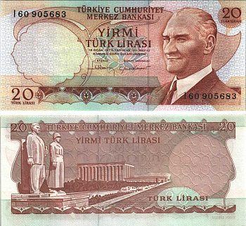 ТУРЦИЯ 20 ЛИР 1974 КОРИЧНЕВАЯ ПОДПИСЬ, ПРЕЗИДЕНТ КЕМАЛЬ АТАТЮРК Pick 187b бумага аUNC 6280-46-4-2