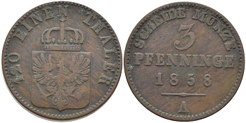 ПРУССИЯ 3 ПФЕННИГА 1858 А, ФРИДРИХ ВИЛЬГЕЛЬМ (1840-1861) KM 453 медь 117-1047