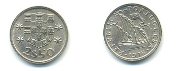 ПОРТУГАЛИЯ 2,5 ЭСКУДО 1978 ПАРУСНИК KM 590 медно-никель 176-143