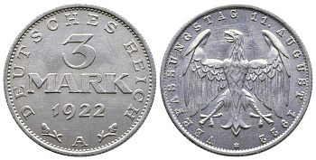 Германия 3 марки 1922 А, третья годовщина Веймарской Конституции KM 29, J. 303 алюминий 4380-733