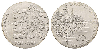Финляндия 50 марок 1985 P-N, 150 лет национальному эпосу "Калевала" KM 62 серебро BU 413-442