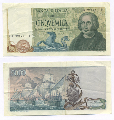 Италия 5000 лир 1971 Кристофор Колумб Pick 102b бумага 7146-22-3-2