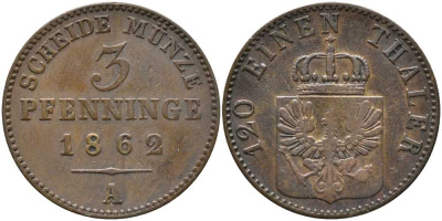 ПРУССИЯ 3 ПФЕННИГА 1862 А, ВИЛЬГЕЛЬМ I (1861-1888) KM 482 медь 4448-1126