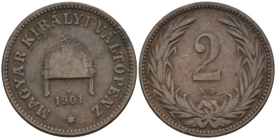 Венгрия 2 филлера 1901 KB, Франц Иосиф I (1848-1916) KM 481 бронза 4151-939