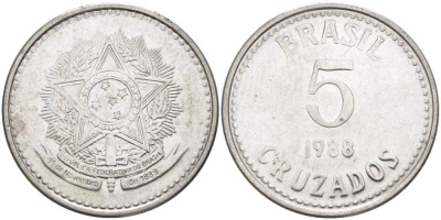 Бразилия 5 крузадо 1988 реформа 1986-1989 KM 606 нержавеющая сталь 67-1127