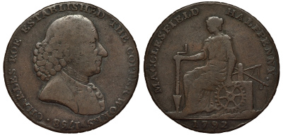 Великобритания 1/2 пенни 1792 Чешир - Макклсфилд, Чарльз Роу Dalton & Hamer 56-59, 67-72 медь 441-145
