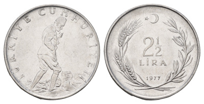 Турция 2 1/2 лиры 1977 KM 893.2 нержавеющая сталь 91-224