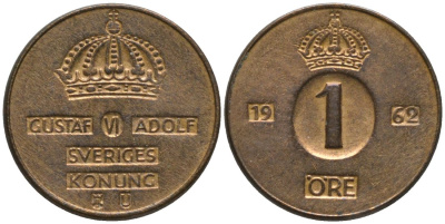 Швеция 1 эре 1962 U, Густав VI Адольф (1950-1973) KM 820 бронза 112-1151